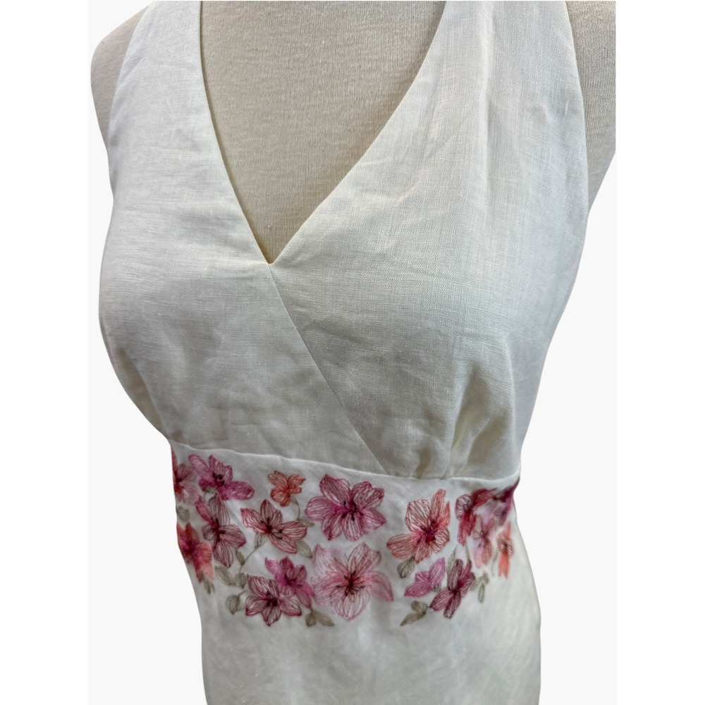 Ann Taylor Y2K Ivory Linen Floral Embroidered Halter Mini Dress Size 8 Coquette - Picture 4 of 15